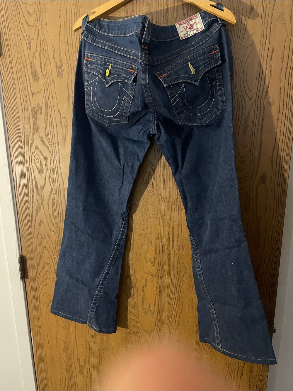 True Religion Dark Blue Flare Jeans with Signature Pocket Stitching